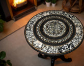 Round Black Marble Dining Table Top – Mother of Pearl Inlay Art – Handmade Stone Table for Home Decor Unique Handicrafts IND